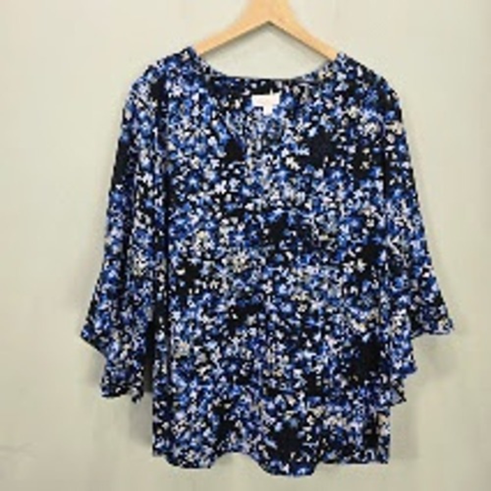 Belle Kim Gravel Womens Blouse Top 2X Floral Flare Bell Sleeve Boho Office